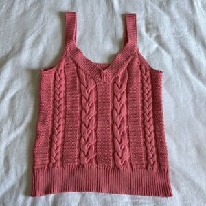 Tank Top Chunky Cable Knit Sweater L Pink Cotton Preppy Festival Party Old Money